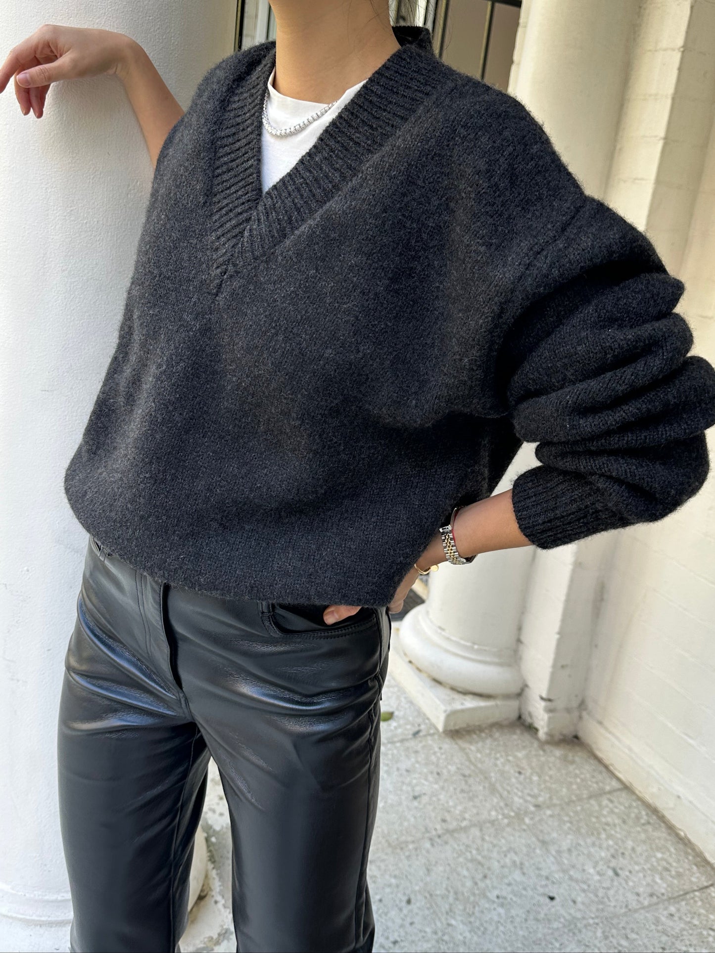 LENA V NECK JUMPER - CHARCOAL