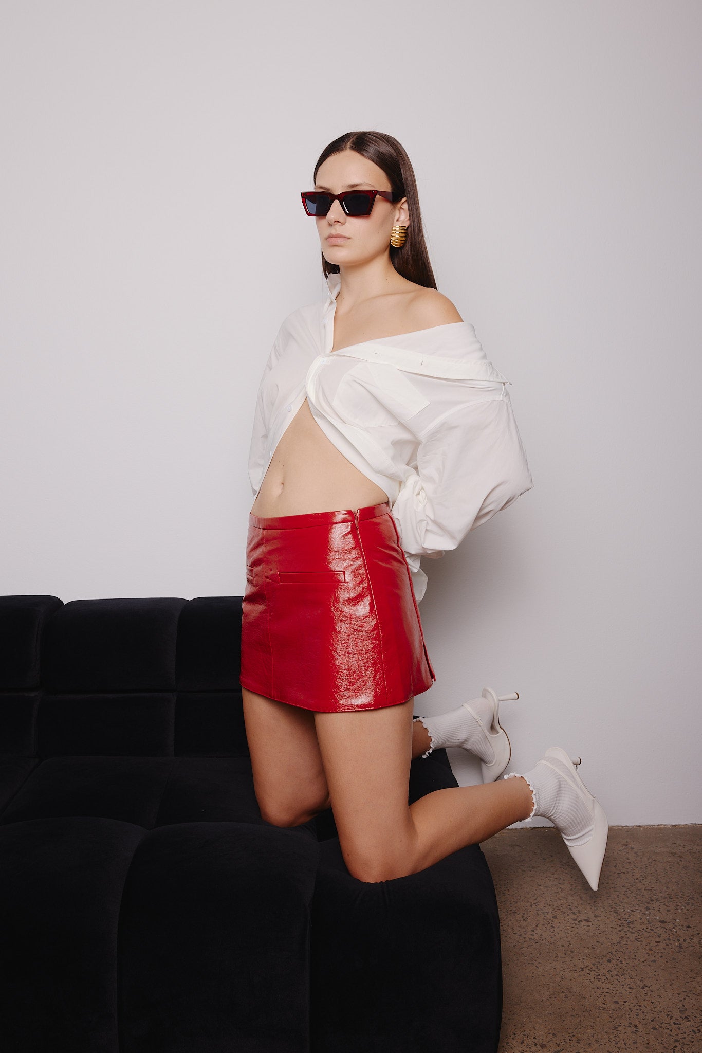 THEA RED MINI FAUX LEATHER SKIRT