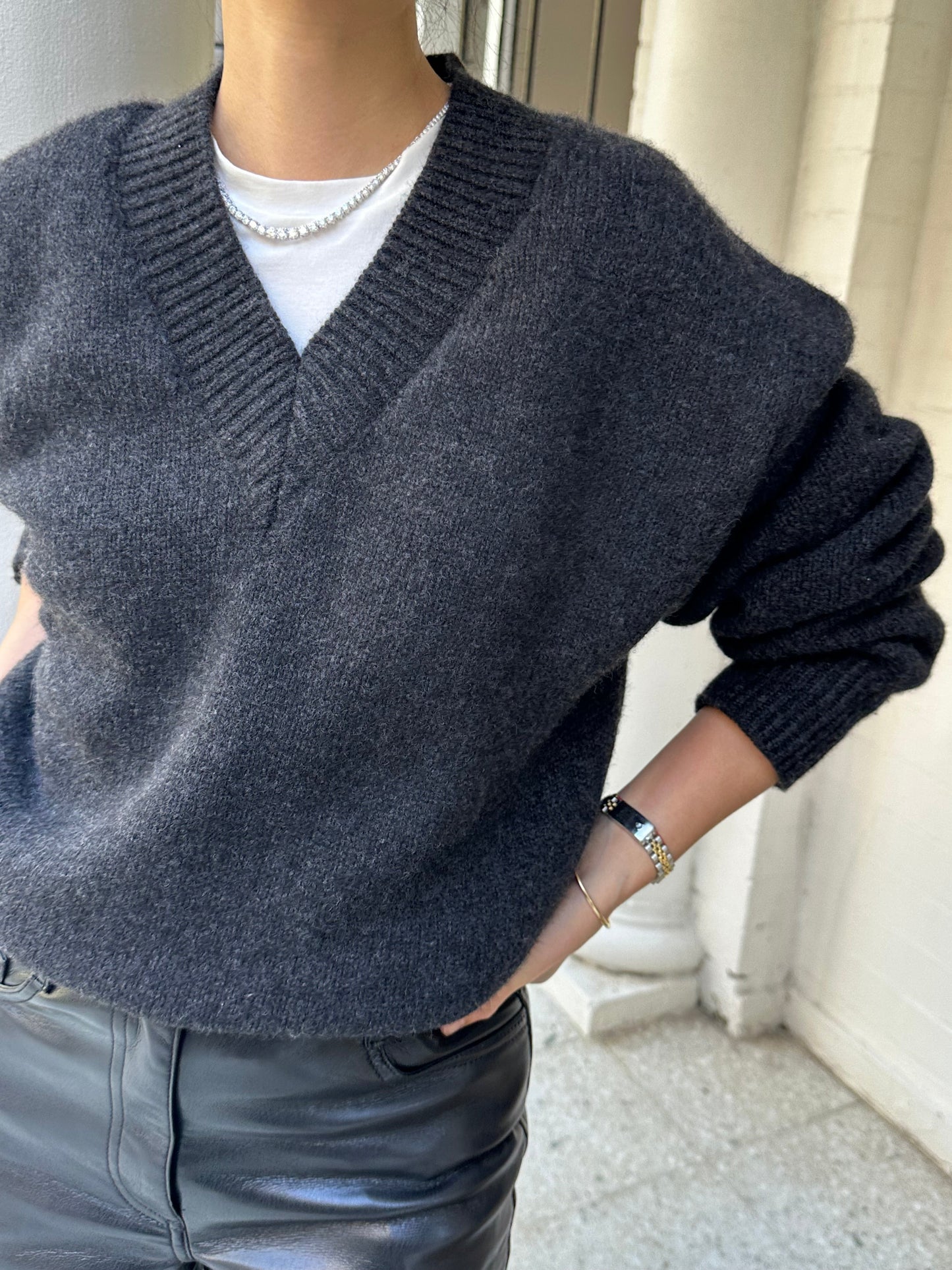 LENA V NECK JUMPER - CHARCOAL