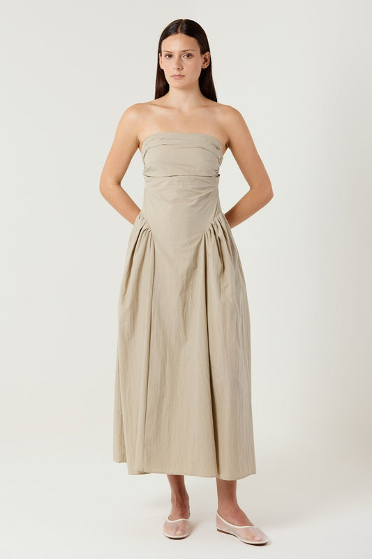 HARPER BEIGE MIDI STRAPLESS DRESS