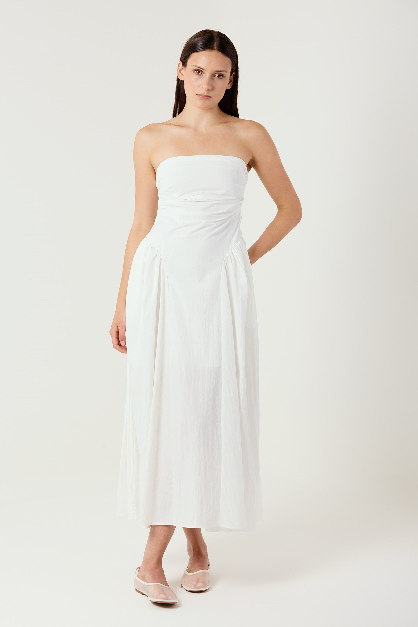 HARPER WHITE MIDI STRAPLESS DRESS