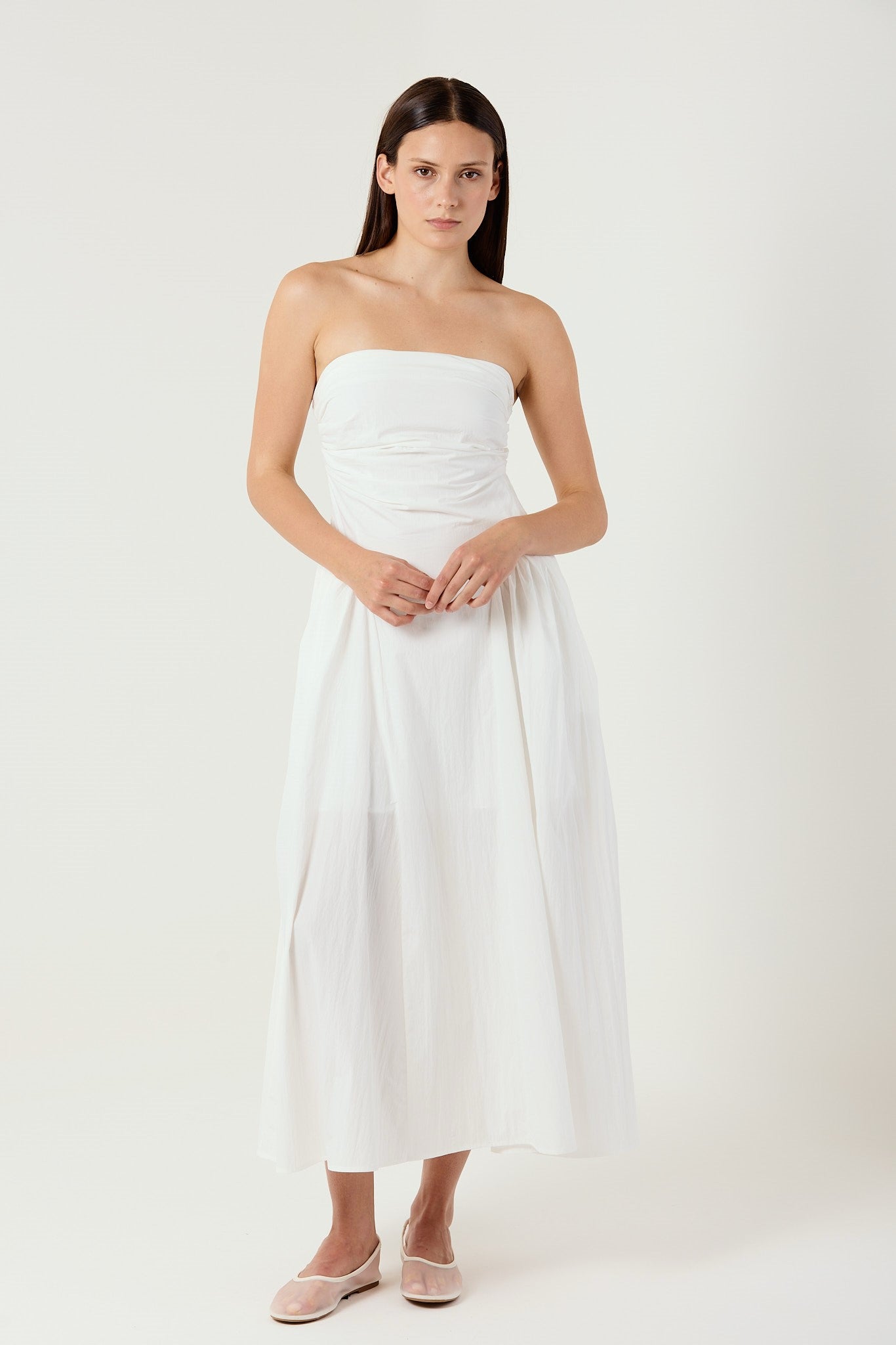 HARPER WHITE MIDI STRAPLESS DRESS